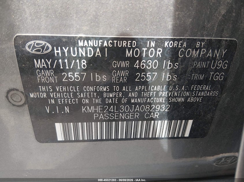 2018 Hyundai Sonata VIN KMHE24L30JA082932 IAAI salvage auction — HAIL, Salvage Title, sold $2,300 on 2026-07-09 (photo 9)