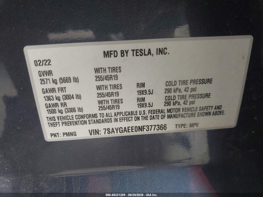 2022 Tesla Model y VIN 7SAYGAEE0NF377366 IAAI salvage auction — HAIL, Salvage (Ohio), sold $12,500 on 2026-07-21 (photo 9)