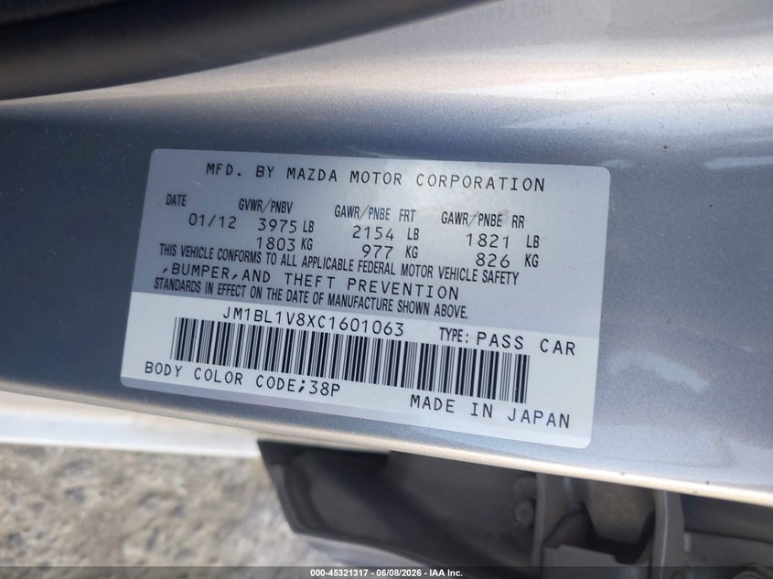 2012 Mazda 3 VIN JM1BL1V8XC1601063 IAAI salvage auction — LEFT SIDE, Salvage Title, sold $475 on 2026-07-08 (photo 9)
