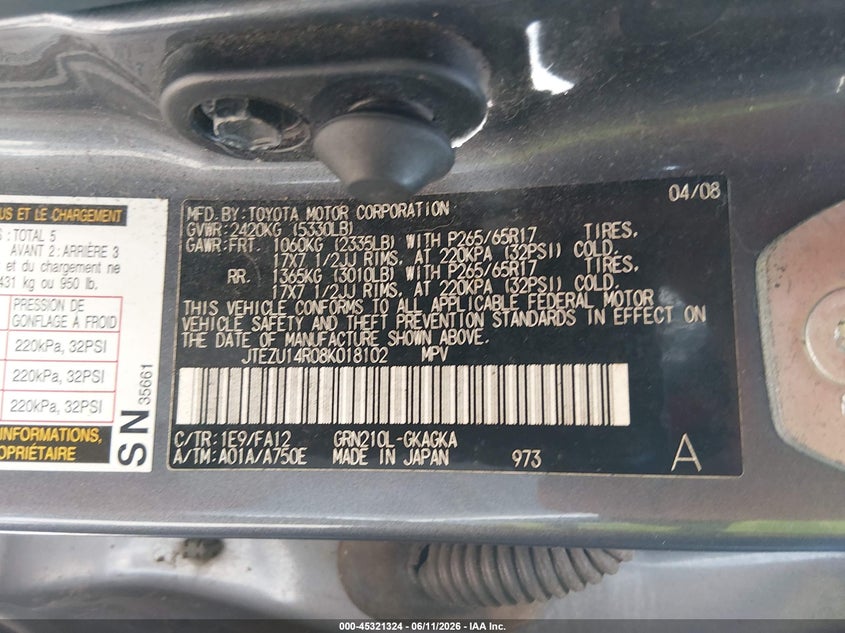 2008 Toyota 4runner VIN JTEZU14R08K018102 IAAI salvage auction — FRONT END, Salvage (Louisiana), sold $1,800 on 2026-07-08 (photo 9)