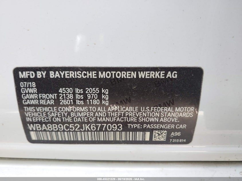 2018 BMW 3er VIN WBA8B9C52JK677093 IAAI salvage auction — WATER/FLOOD, Salvage (Texas), sold $2,775 on 2026-07-28 (photo 9)