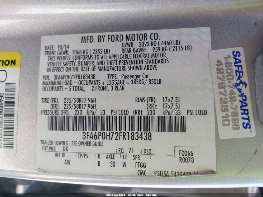 2015 Ford Fusion VIN 3FA6P0H72FR183438 IAAI salvage auction — FRONT END, Salvage Title, sold $1,000 on 2026-08-01 (photo 9)