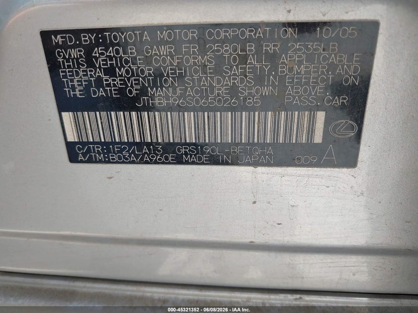 2006 Lexus Gs 300 VIN JTHBH96S065026185 IAAI salvage auction — NORMAL WEAR, Salvage Title (California), sold $325 on 2026-07-09 (photo 9)