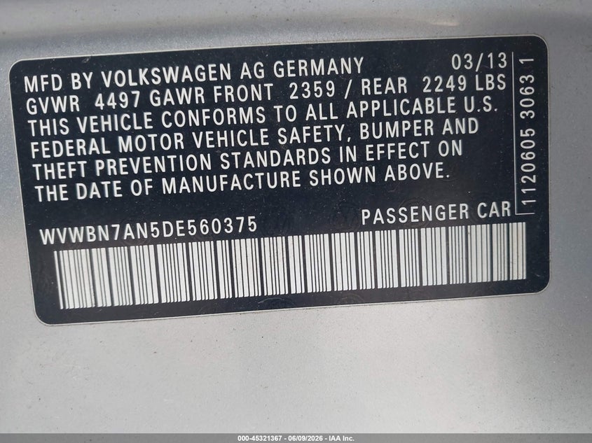 2013 Volkswagen Passat cc VIN WVWBN7AN5DE560375 IAAI salvage auction — LEFT REAR, Salvage Title, sold $1,600 on 2026-07-15 (photo 9)