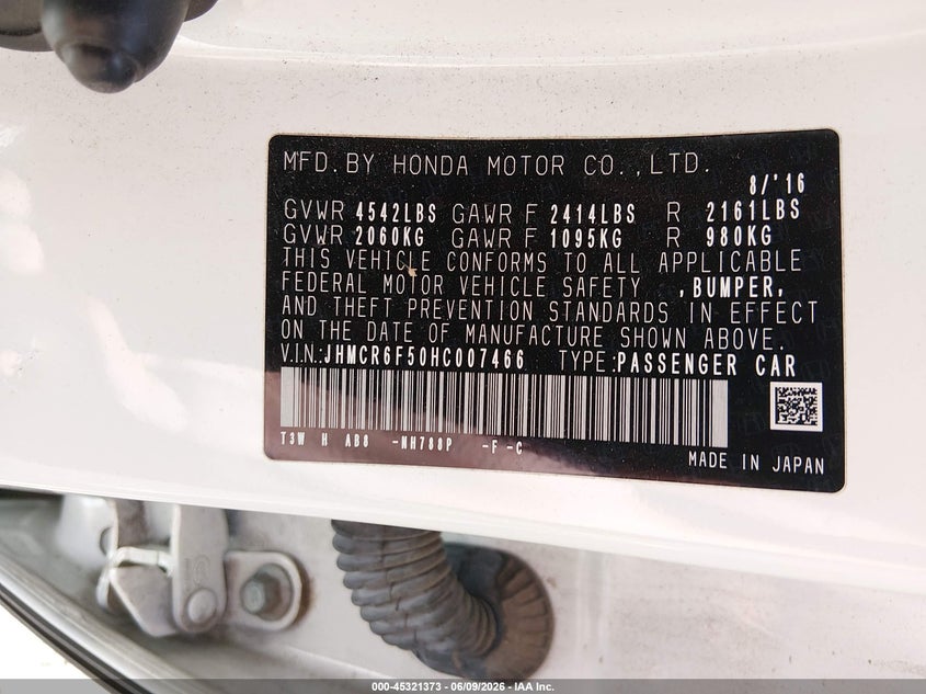 2017 Honda Accord VIN JHMCR6F50HC007466 IAAI salvage auction — RIGHT SIDE, Salvage Title, sold $2,600 on 2026-07-16 (photo 9)