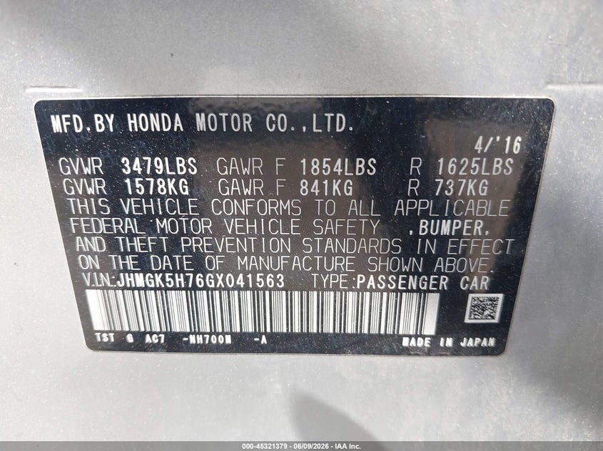 2016 Honda Fit VIN JHMGK5H76GX041563 IAAI salvage auction — FRONT END, Salvage Title, sold $1,950 on 2026-07-09 (photo 9)