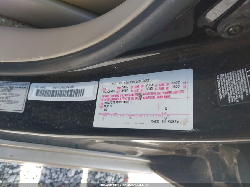 2003 Kia Sorento VIN KNDJD733535043831 IAAI salvage auction — ROLLOVER, Salvage (Mississippi), sold $225 on 2026-07-10 (photo 9)