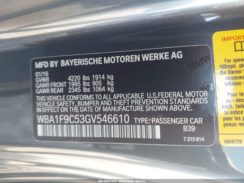 2016 BMW 2er VIN WBA1F9C53GV546610 IAAI salvage auction — RIGHT SIDE, Salvage (California), sold $2,950 on 2026-08-18 (photo 9)