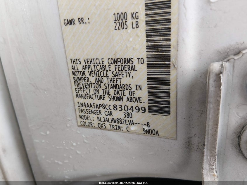 2012 Nissan Maxima VIN 1N4AA5AP8CC830499 IAAI salvage auction — FRONT END, Clear (Indiana), sold $1,100 on 2026-07-29 (photo 9)