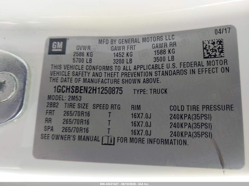 2017 Chevrolet Colorado VIN 1GCHSBEN2H1250875 IAAI salvage auction — FRONT END, Salvage (Texas), sold $2,850 on 2026-07-09 (photo 9)