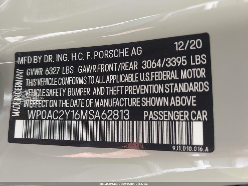 2021 Porsche Taycan VIN WP0AC2Y16MSA62813 IAAI salvage auction — FRONT END, Wait Title, sold $36,775 on 2026-08-26 (photo 9)