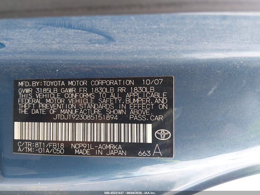 2008 Toyota Yaris VIN JTDJT923085151894 IAAI salvage auction — NORMAL WEAR, Clear (Pennsylvania), sold $400 on 2026-07-20 (photo 9)