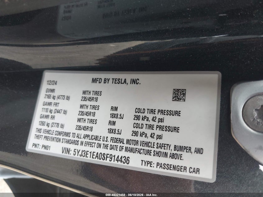 2025 Tesla Model 3 VIN 5YJ3E1EA0SF914436 IAAI salvage auction — FRONT END, Salvage Title, sold $8,600 on 2026-07-30 (photo 9)