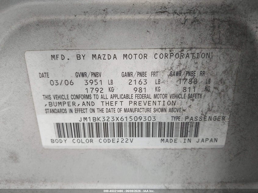 2006 Mazda 3 VIN JM1BK323X61509303 IAAI salvage auction — FRONT END, Original (Texas), sold $925 on 2026-07-15 (photo 9)