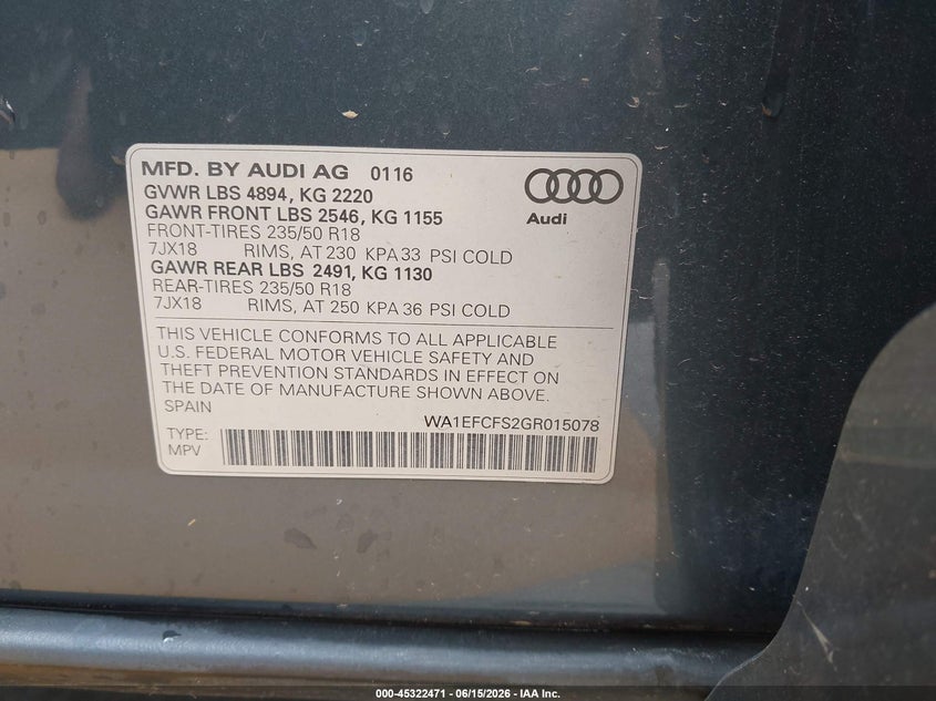 2016 Audi Q3 VIN WA1EFCFS2GR015078 IAAI salvage auction — FRONT END, Salvage (Ohio), sold $3,550 on 2026-07-27 (photo 9)