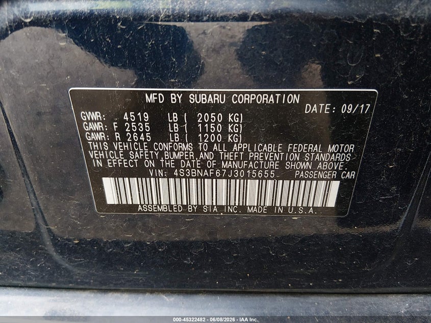 2018 Subaru LEGACY VIN 4S3BNAF67J3015655 IAAI salvage auction — RIGHT SIDE, Salvage Title, sold $1,550 on 2026-07-09 (photo 9)