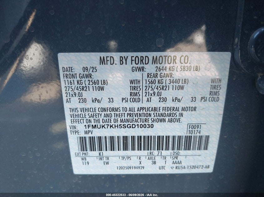 2025 Ford Explorer VIN 1FMUK7KH5SGD10030 IAAI salvage auction — LEFT SIDE, Salvage Title, sold $9,550 on 2026-07-28 (photo 9)