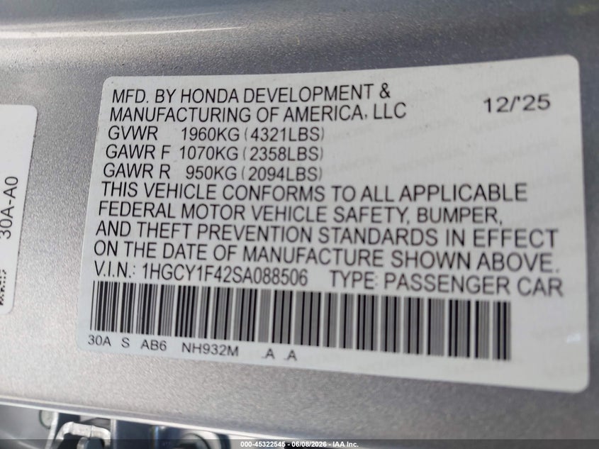 2025 Honda Accord VIN 1HGCY1F42SA088506 IAAI salvage auction — FRONT & REAR, Certificate Of Destruction (Florida), sold $9,150 on 2026-07-29 (photo 9)