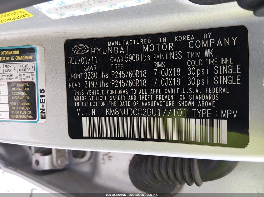 2011 Hyundai Veracruz VIN KM8NUDCC2BU177101 IAAI salvage auction — FRONT END, Salvage (Georgia), sold $575 on 2026-07-31 (photo 9)