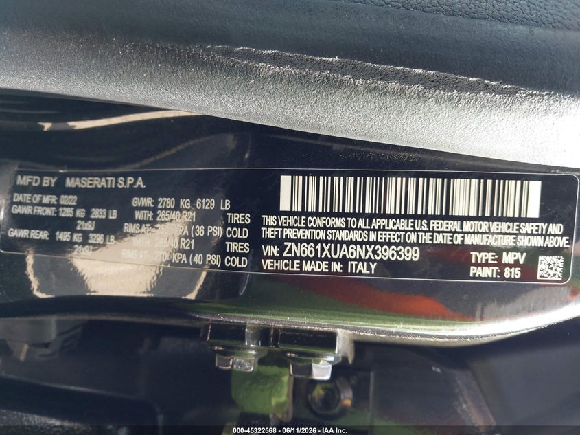2022 Maserati Levante VIN ZN661XUA6NX396399 IAAI salvage auction — SIDE, Salvage (New Jersey), sold $11,900 on 2026-07-25 (photo 9)