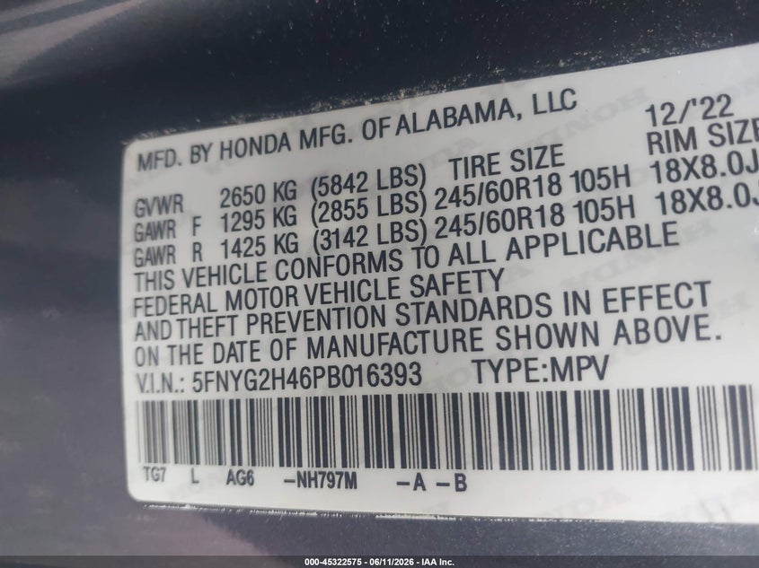 2023 Honda Pilot VIN 5FNYG2H76PB003217 IAAI salvage auction — THEFT, Salvage (Pennsylvania), sold $18,400 on 2026-07-31 (photo 9)
