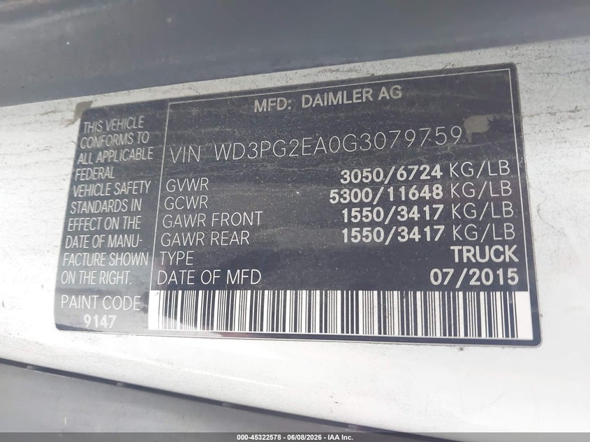 2016 Mercedes-benz Metris VIN WD3PG2EA0G3079759 IAAI salvage auction — REAR END, Salvage Title, sold $2,650 on 2026-07-23 (photo 9)
