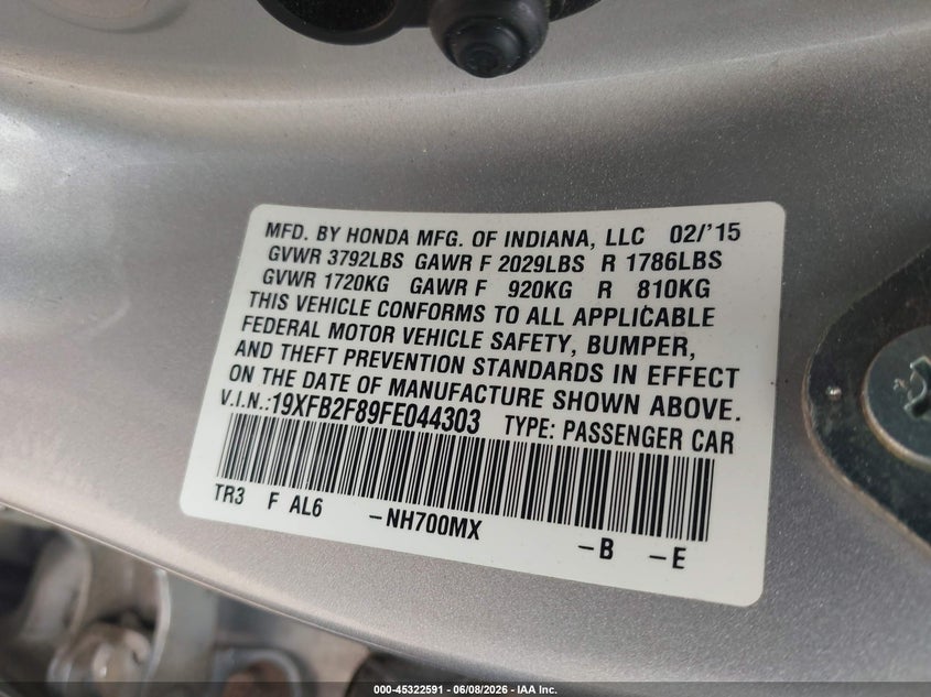 2015 Honda Civic VIN 19XFB2F89FE044303 IAAI salvage auction — FRONT END, Salvage Title, sold $1,150 on 2026-07-10 (photo 9)