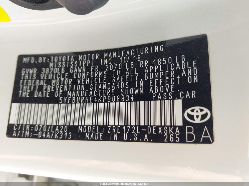 2019 Toyota Corolla VIN 5YFBURHE4KP908834 IAAI salvage auction — SIDE, Salvage Title, sold $3,000 on 2026-07-21 (photo 9)