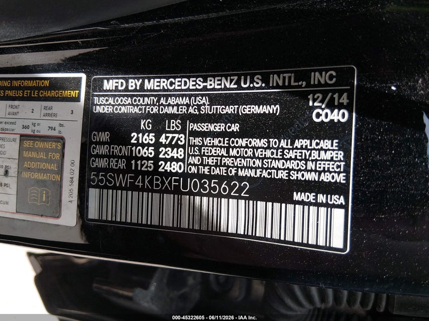 2015 Mercedes-benz C-klasse VIN 55SWF4KBXFU035622 IAAI salvage auction — FRONT END, Salvage (Ohio), sold $2,625 on 2026-07-11 (photo 9)