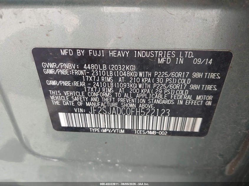 2015 Subaru Forester VIN JF2SJADC0FH522123 IAAI salvage auction — FRONT END, Clear (Indiana), sold $550 on 2026-07-17 (photo 9)