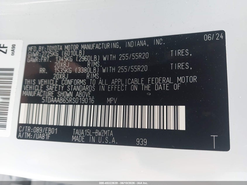 2024 Lexus Tx VIN 5TDAAAB65RS019016 IAAI salvage auction — FRONT END, Salvage Title, sold $28,500 on 2026-07-20 (photo 9)