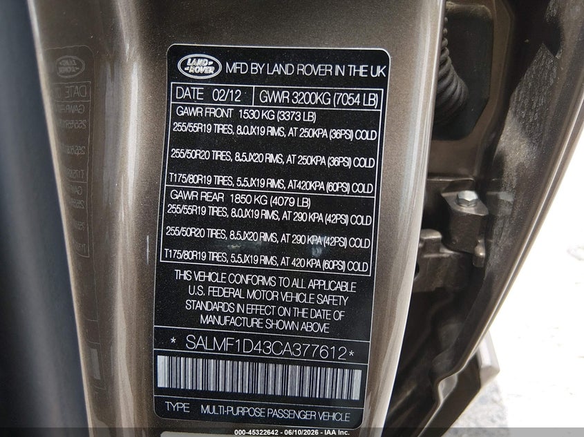 2012 Land rover RANGE ROVER VIN SALMF1D43CA377612 IAAI salvage auction — SIDE, Salvage (South Carolina), sold $2,350 on 2026-07-09 (photo 9)
