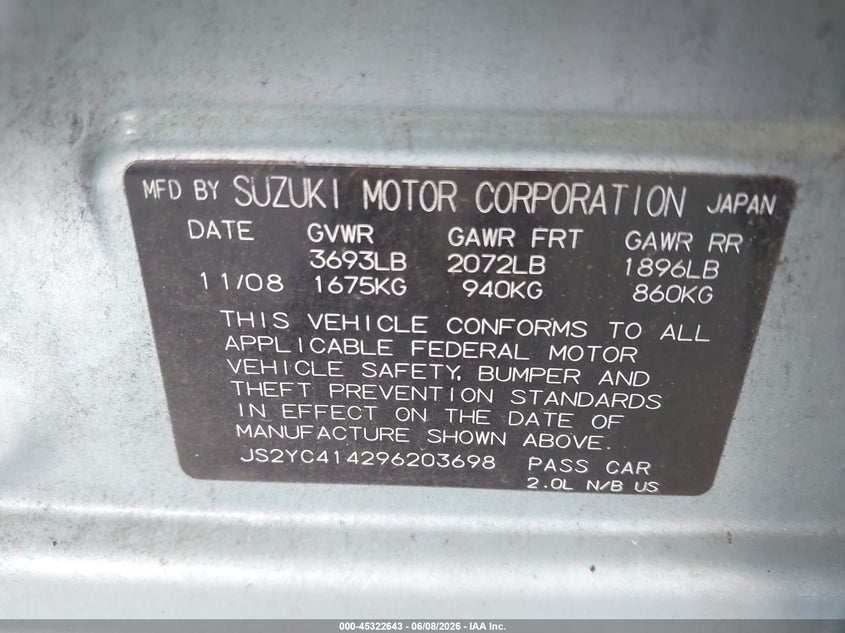 2009 Suzuki Sx4 VIN JS2YC414296203698 IAAI salvage auction — RIGHT SIDE, Rebuildable (Florida), sold $225 on 2026-07-22 (photo 9)