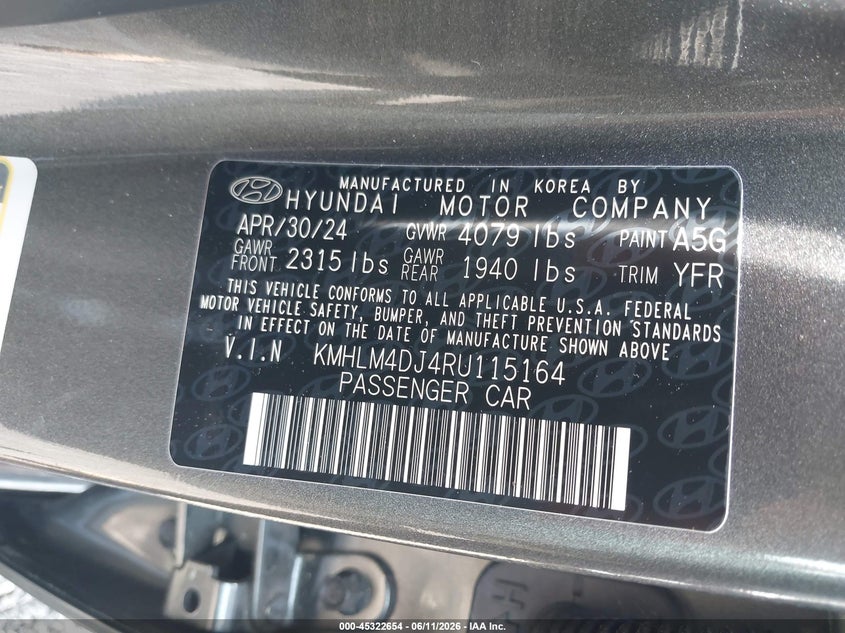 2024 Hyundai Elantra VIN KMHLM4DJ4RU115164 IAAI salvage auction — FRONT END, Salvage (South Carolina), sold $4,600 on 2026-07-14 (photo 9)