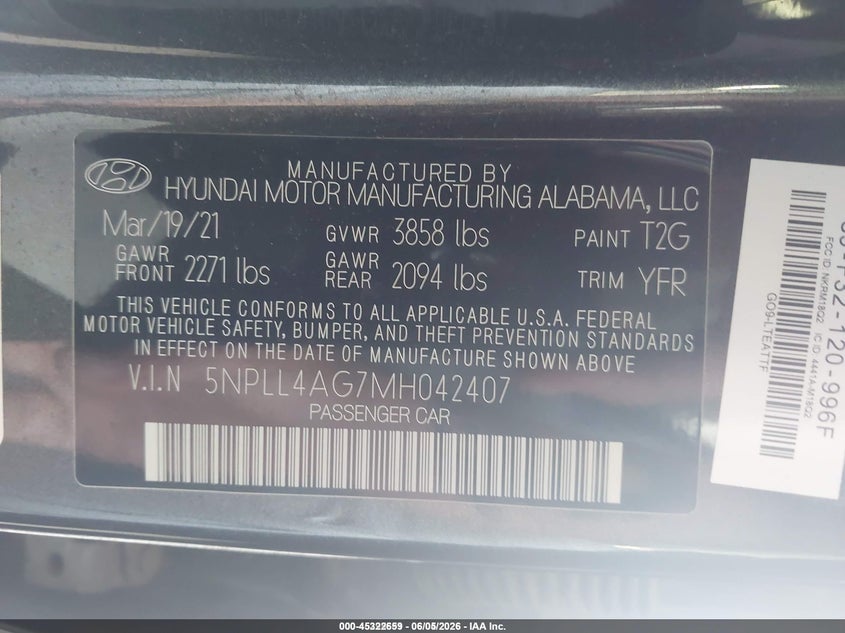 2021 Hyundai Elantra VIN 5NPLL4AG7MH042407 IAAI salvage auction — NORMAL WEAR, Sf97 (Minnesota), sold $8,225 on 2026-07-20 (photo 9)