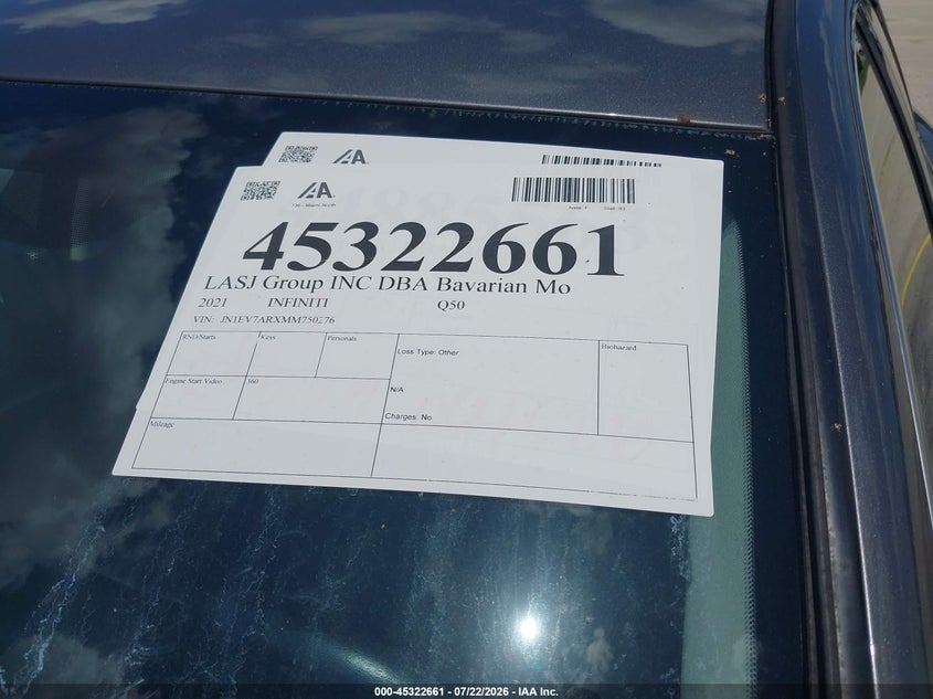 2021 Infiniti Q50 VIN JN1EV7ARXMM750276 IAAI salvage auction — NORMAL WEAR, Salvage (Florida), sold $3,175 on 2026-07-15 (photo 7)