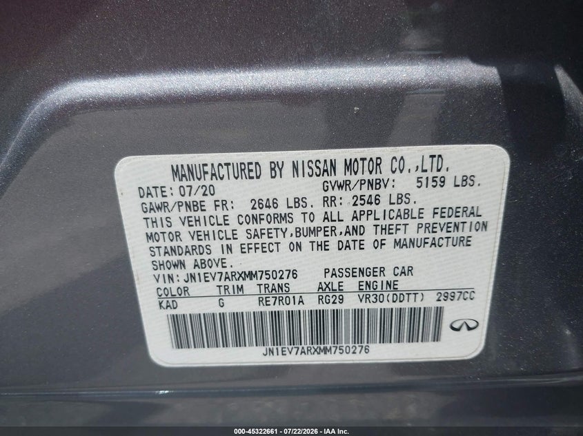 2021 Infiniti Q50 VIN JN1EV7ARXMM750276 IAAI salvage auction — NORMAL WEAR, Salvage (Florida), sold $3,175 on 2026-07-15 (photo 9)
