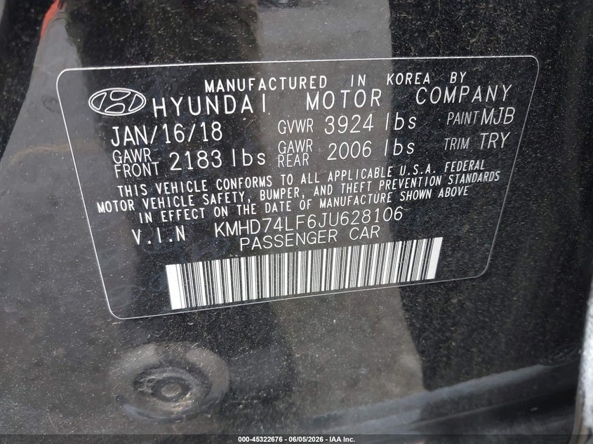 2018 Hyundai Elantra VIN KMHD74LF6JU628106 IAAI salvage auction — FRONT END, Salvage Title, sold $1,200 on 2026-07-30 (photo 9)