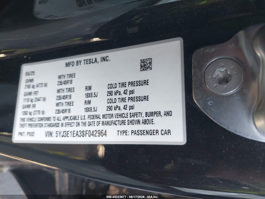 2025 Tesla Model 3 VIN 5YJ3E1EA3SF042964 IAAI salvage auction — LEFT FRONT, Salvage Certificate (California), sold $10,350 on 2026-07-17 (photo 9)
