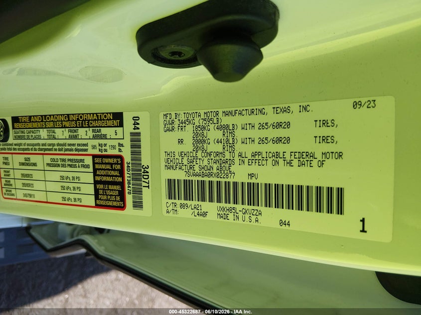 2024 Toyota Sequoia VIN 7SVAAABA0RX022877 IAAI salvage auction — LEFT REAR, Salvage Certificate (California), sold $32,675 on 2026-07-17 (photo 9)