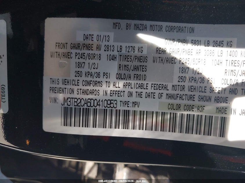 2013 Mazda Cx-9 VIN JM3TB2CA6D0410953 IAAI salvage auction — NORMAL WEAR, Clear - Dealer Only (California), sold $350 on 2026-07-20 (photo 9)