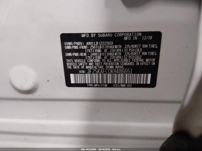 2019 Subaru Forester VIN JF2SKAEC0KH486651 IAAI salvage auction — HAIL, Wait Title, sold $8,850 on 2026-09-01 (photo 9)