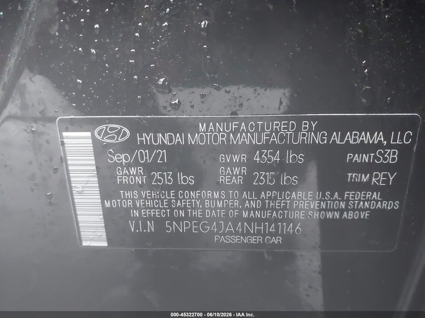 2022 Hyundai Sonata VIN 5NPEG4JA4NH141146 IAAI salvage auction — RIGHT SIDE, Salvage Title, sold $3,200 on 2026-07-15 (photo 9)