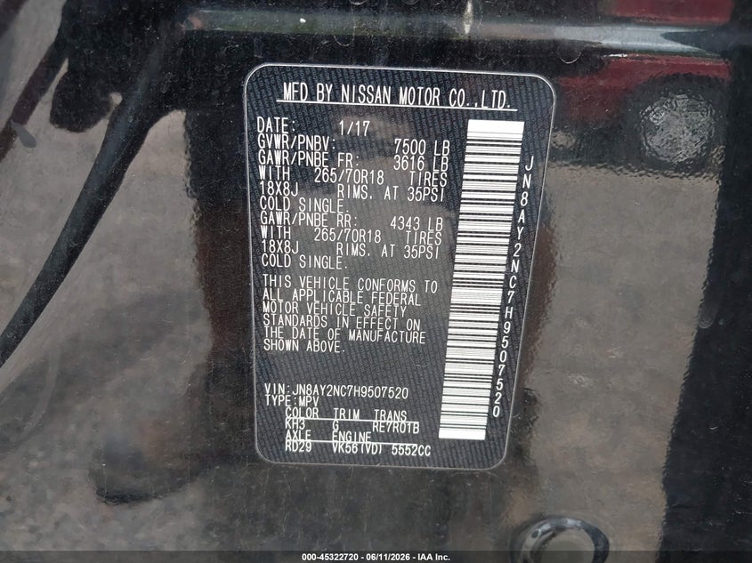 2017 Nissan Armada VIN JN8AY2NC7H9507520 IAAI salvage auction — FRONT END, Salvage (Ohio), sold $2,800 on 2026-07-13 (photo 9)