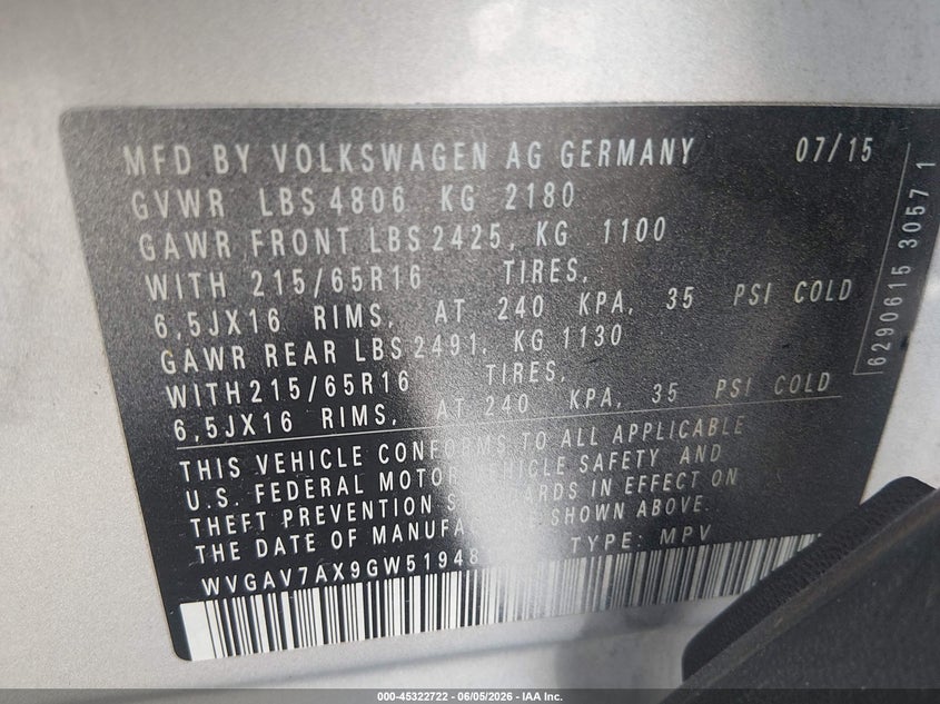 2016 Volkswagen Tiguan VIN WVGAV7AX9GW519481 IAAI salvage auction — NORMAL WEAR, Clear (Pennsylvania), sold $1,625 on 2026-07-06 (photo 9)