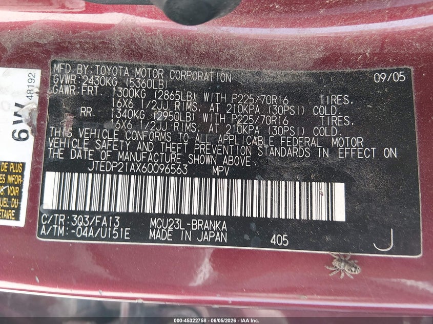 2006 Toyota Highlander VIN JTEDP21AX60096563 IAAI salvage auction — NORMAL WEAR, Original (Ohio), sold $725 on 2026-07-14 (photo 9)
