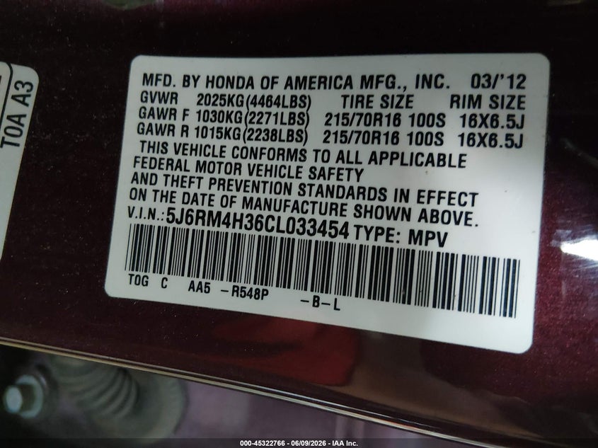 2012 Honda Cr-v VIN 5J6RM4H36CL033454 IAAI salvage auction — NORMAL WEAR, Salvage Title, sold $800 on 2026-07-24 (photo 9)