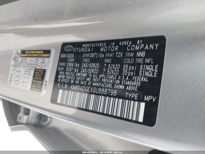 2025 Hyundai Palisade VIN KM8R4DGEXSU888798 IAAI salvage auction — LEFT FRONT, Salvage Title, sold $12,300 on 2026-07-21 (photo 9)