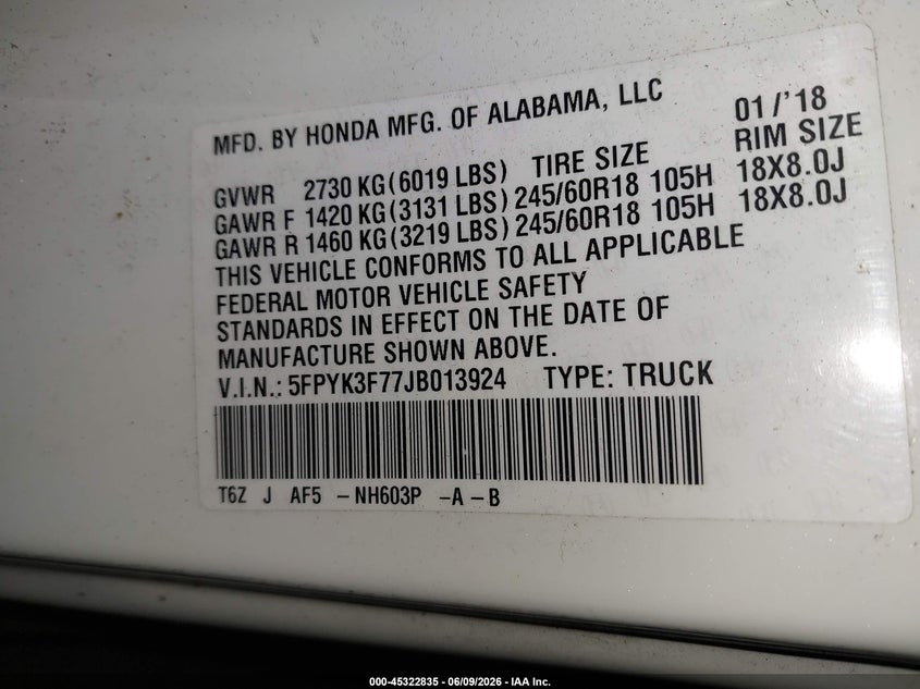 2018 Honda Ridgeline VIN 5FPYK3F77JB013924 IAAI salvage auction — REAR END, Salvage (Oregon), sold $8,750 on 2026-08-20 (photo 9)