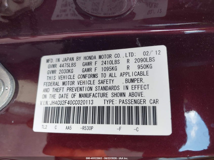 2012 Acura Tsx VIN JH4CU2F40CC020113 IAAI salvage auction — FRONT END, Salvage Title, sold $25 on 2026-07-27 (photo 9)